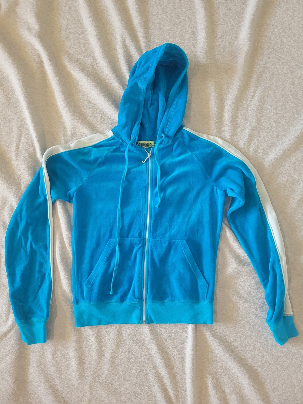 Vintage Juicy Couture Bright Blue Zip-Up Hoodie with White Shoulder Stripes